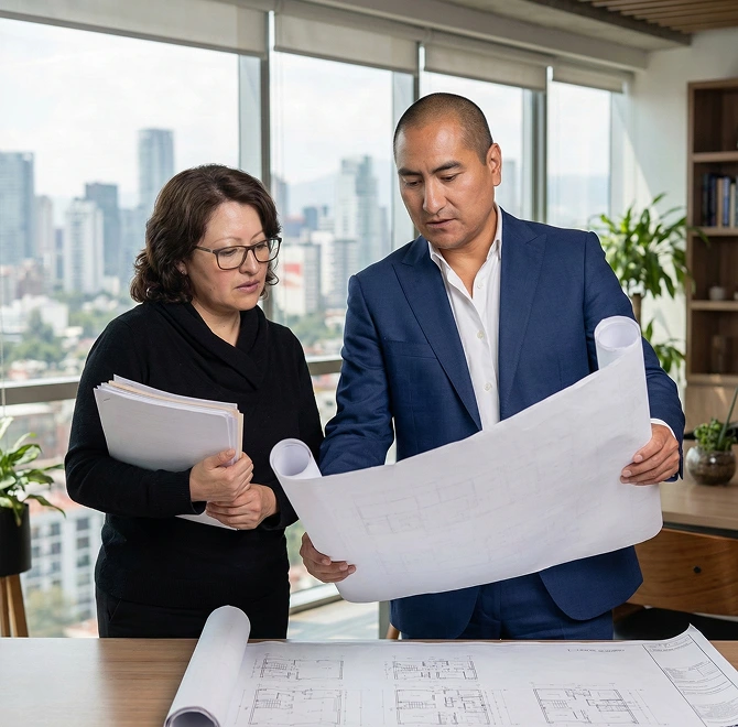 Ingeniero civil mostrando planos a abogada especialista en derecho inmobiliario durante revisión técnica de un predio
