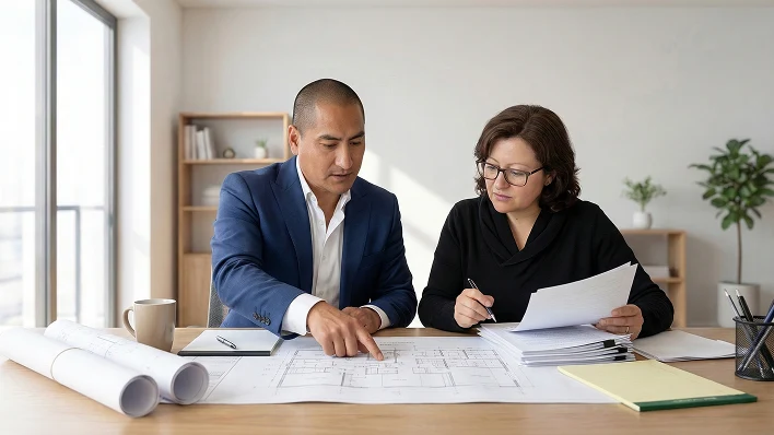 Ingeniero civil y abogada revisando planos de un predio durante análisis técnico-legal